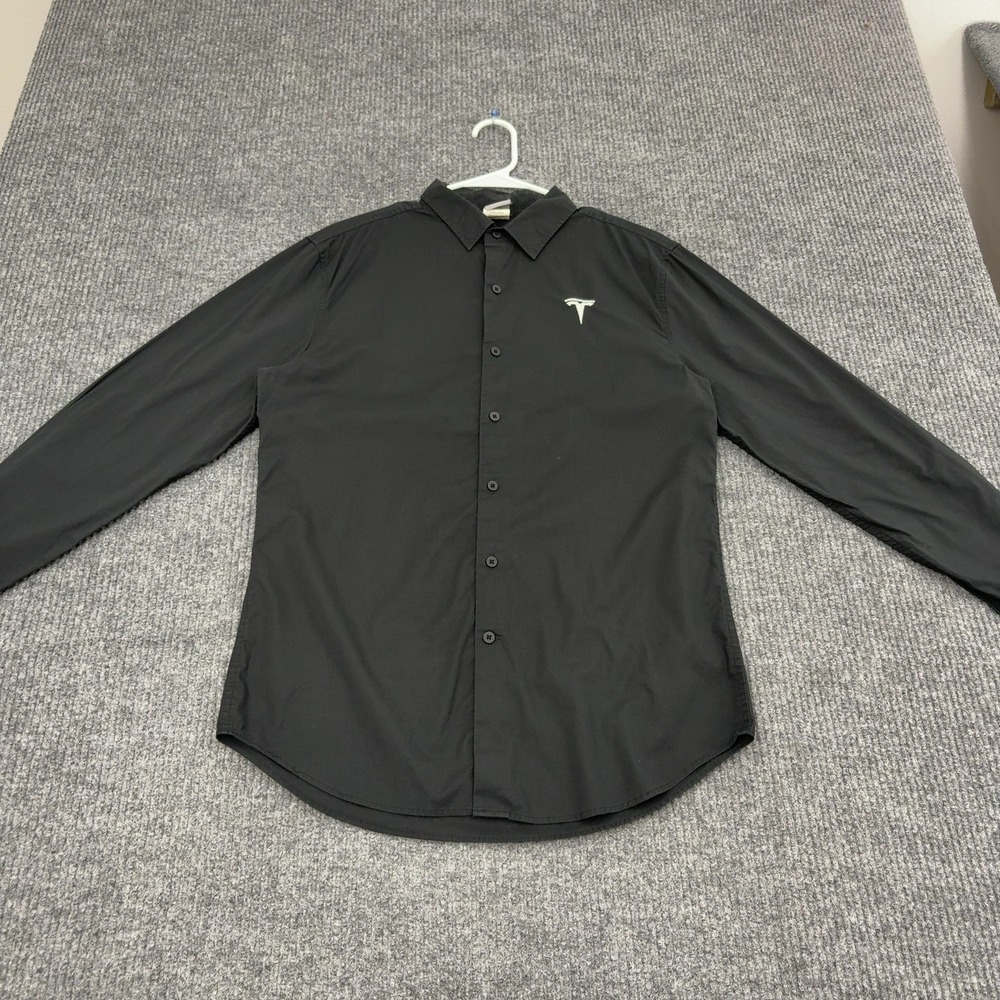 Tesla Button Down Shirt Mens M Black Cotton Blend Logo Long Sleeve Tech Style